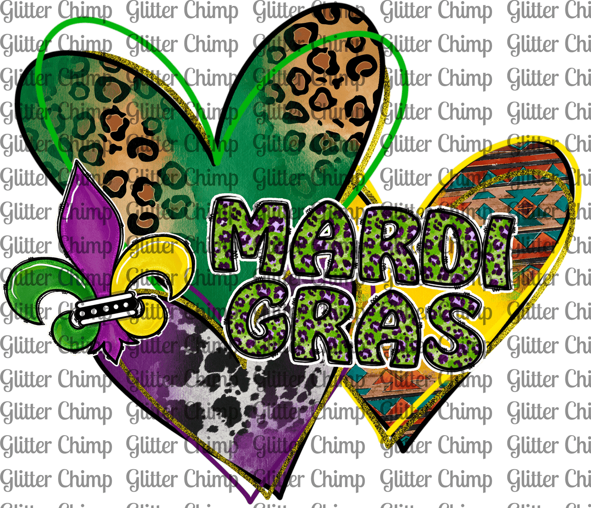 DTF Mardi Gras Hearts Glitter Chimp